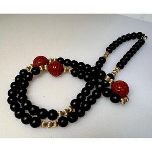 Vintage Black Onyx Red Carved Cinnabar Bead Necklace 12K Gold Filled Clasp